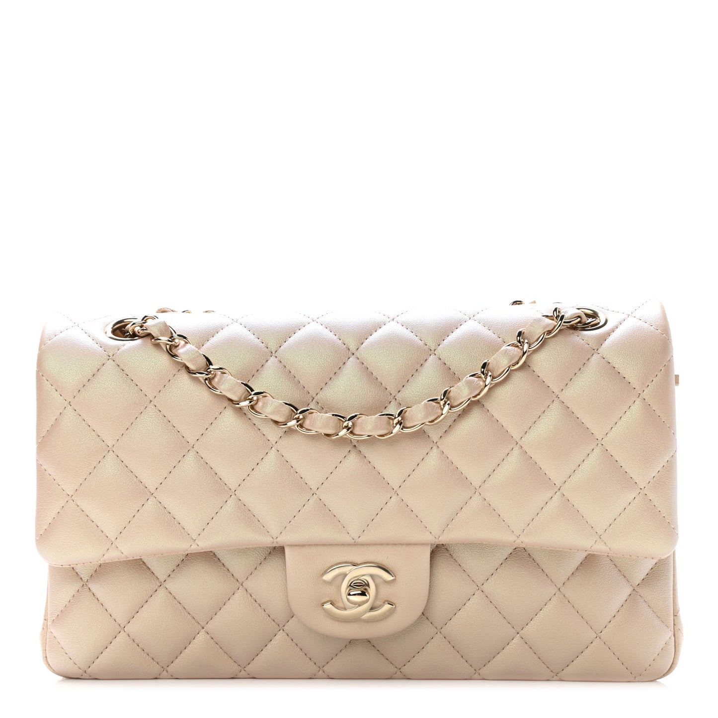 Iridescent Calfskin Quilted Medium Double Flap Beige
