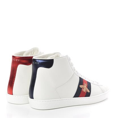 Gucci Calfskin Miro Soft Web Bee Embroidered Mens Ace High Top Sneakers 9 White 4 of 8
