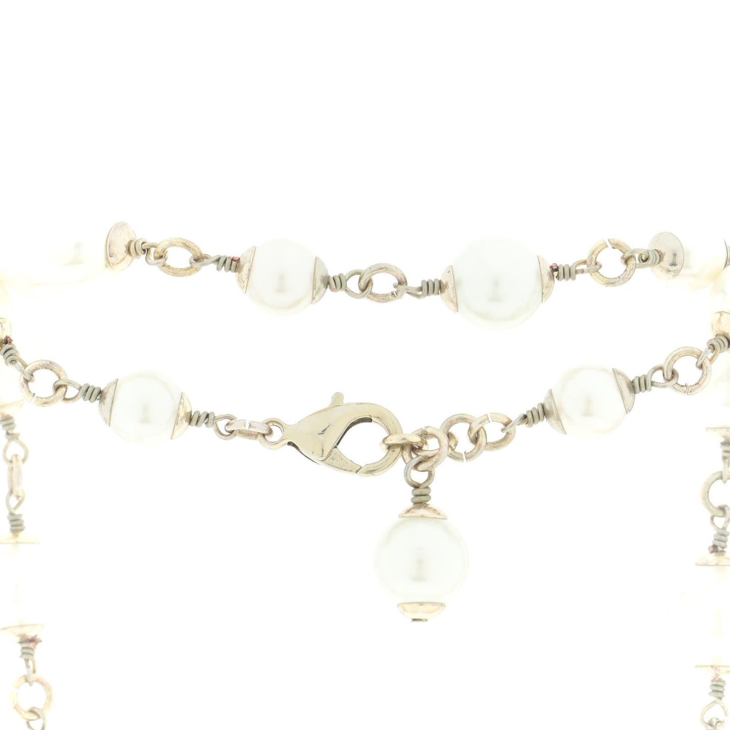 Graduated Pearl Crystal CC Long Necklace Silver