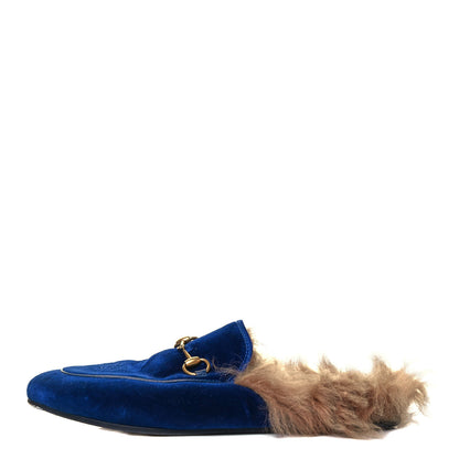 Gucci Velvet Fur Womens Princetown Slippers 38 Cobalt Blue 1 of 7