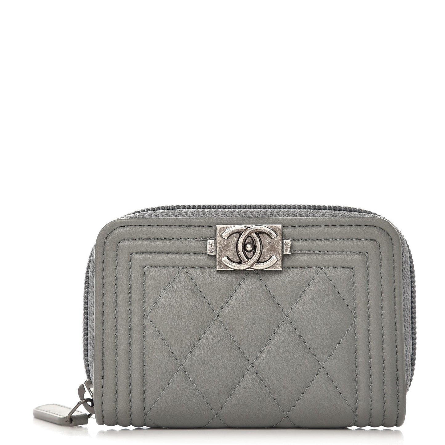 Lambskin Quilted Boy Zip Around Coin Purse Wallet Grey