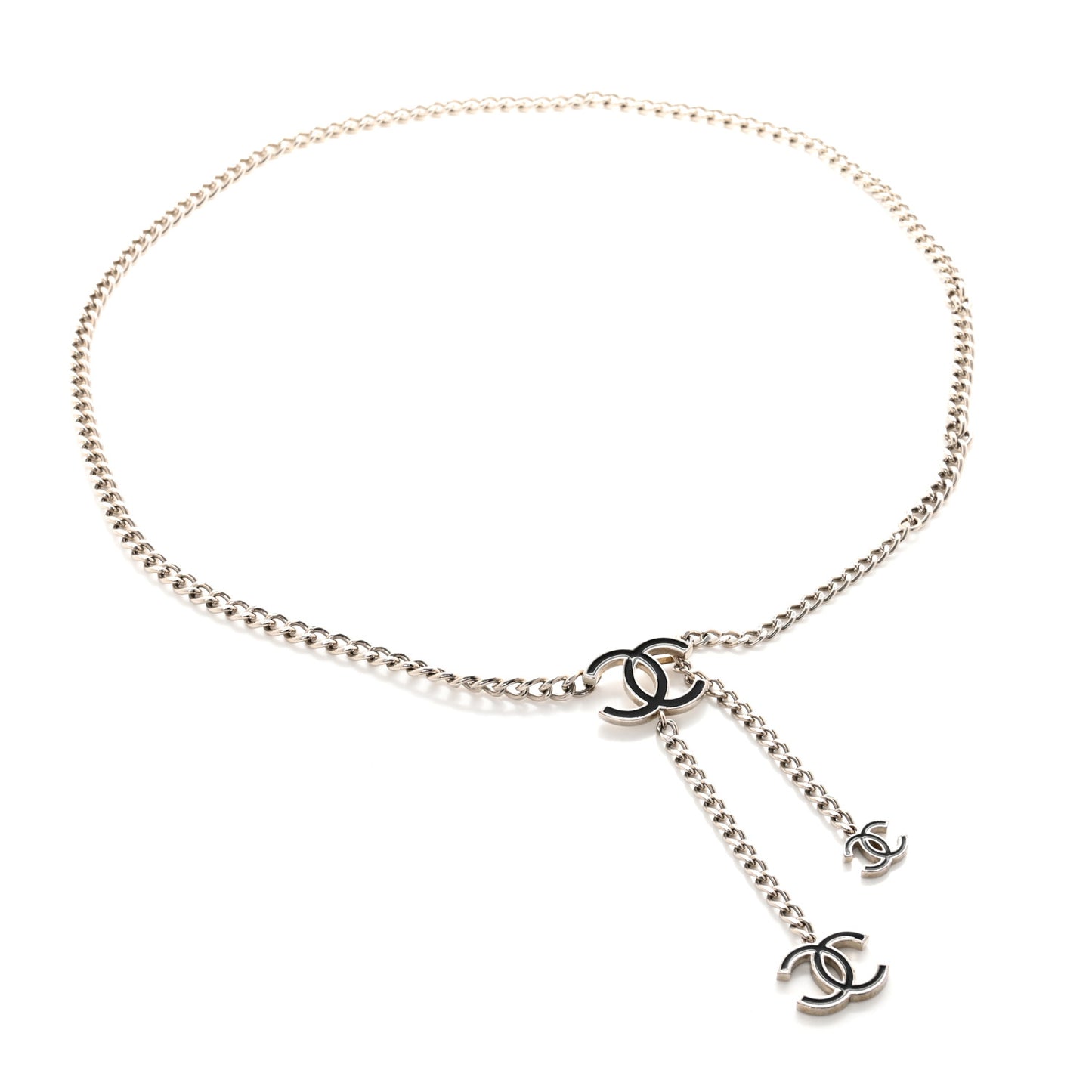 Metal Enamel CC Adjustable Chain Logo Belt Silver Black