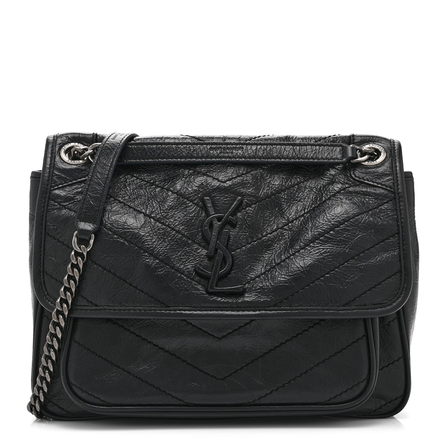 Saint Laurent Crinkled Calfskin Matelasse Monogram Medium Niki Chain Satchel Black 1 of 10