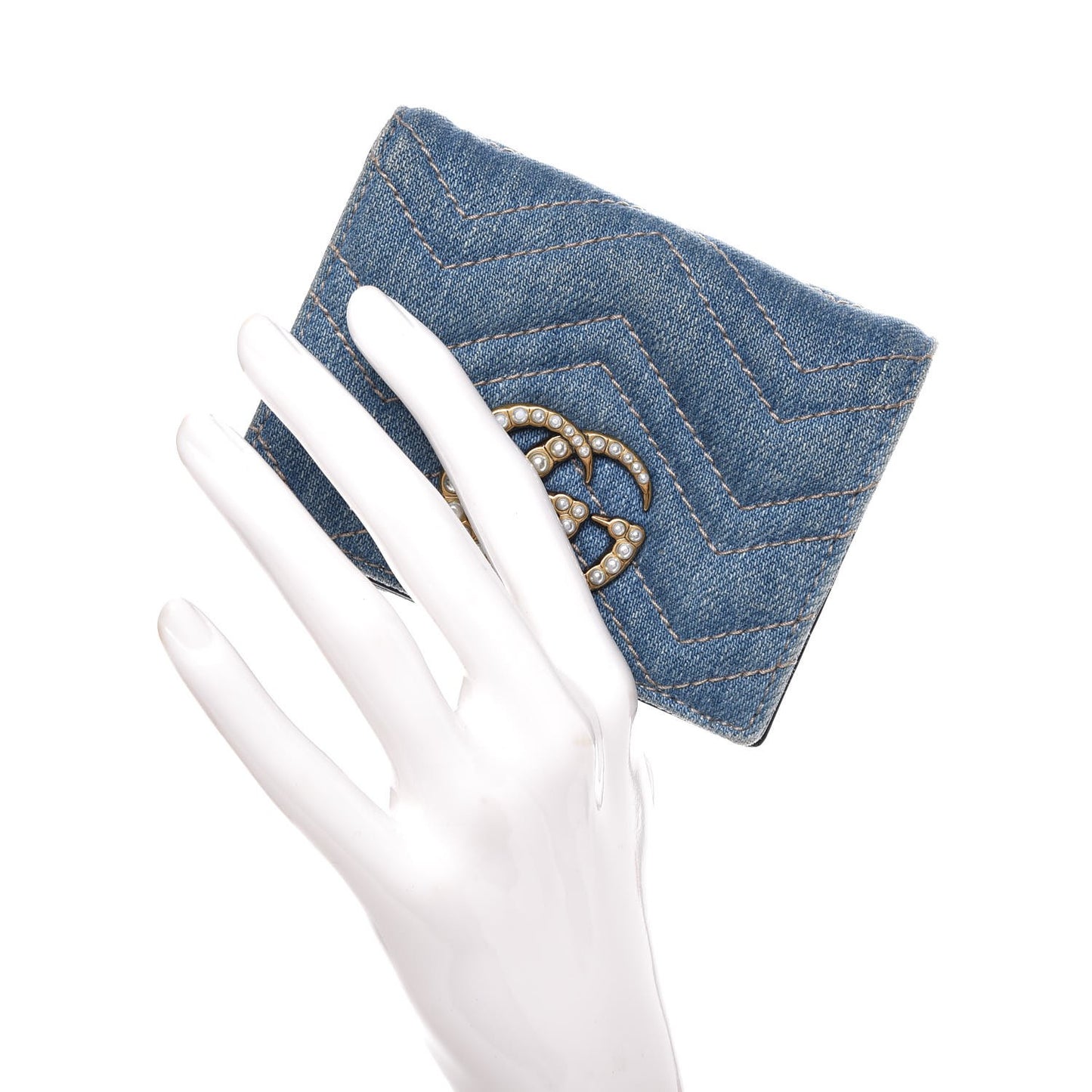Denim Matelasse Pearly GG Marmont Card Case Wallet Blue
