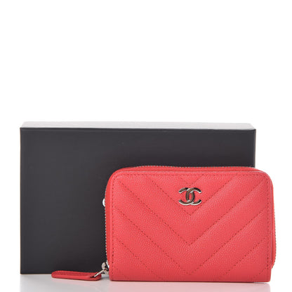 Chanel Caviar Chevron Quilted Zip Coin Purse Light Red 8 of 8