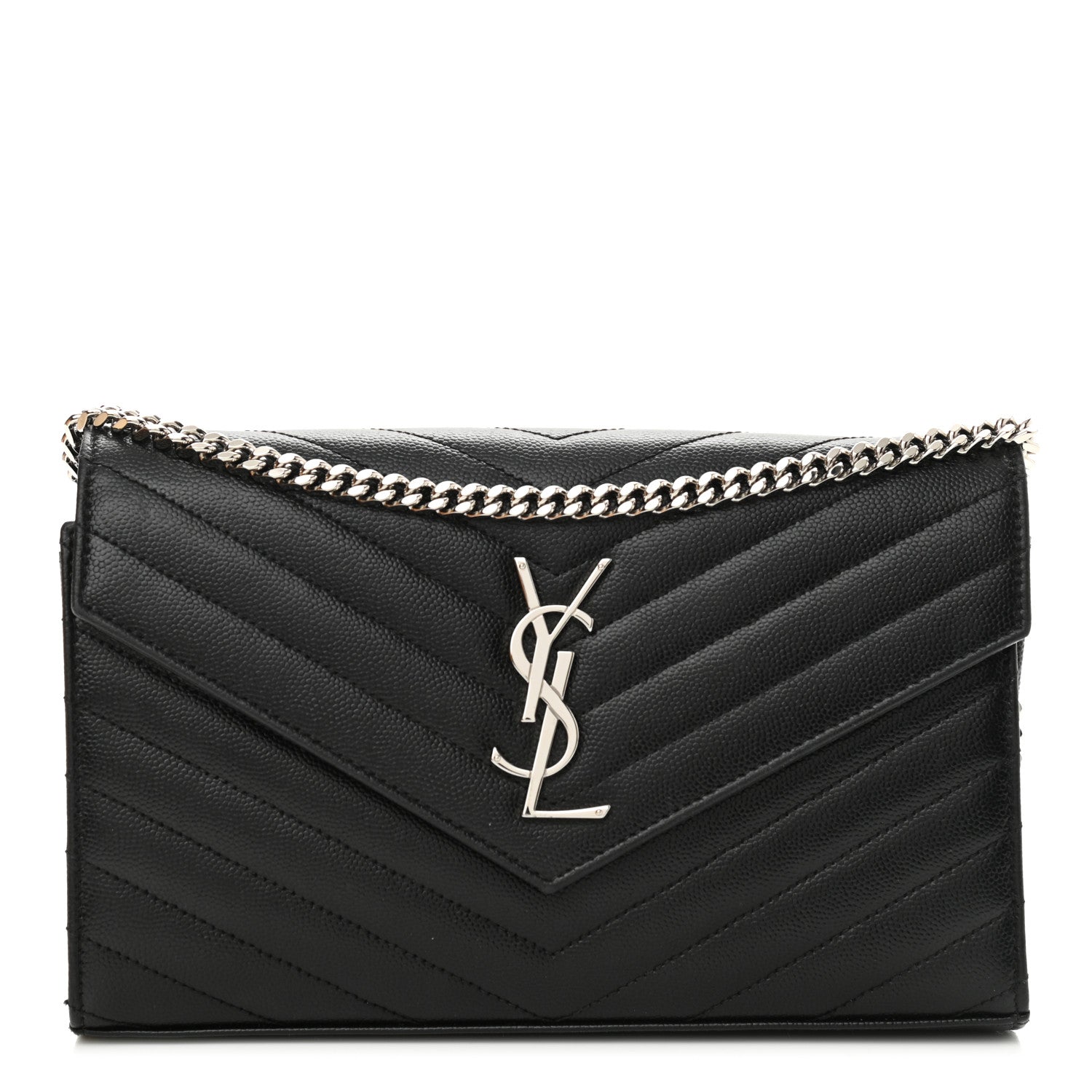 Saint Laurent Grain De Poudre Matelasse Chevron Monogram Chain Wallet Black 1 of 10