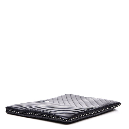 Chanel Calfskin Chevron Studded Quilted Medium Cosmetic Case Navy 4 of 11