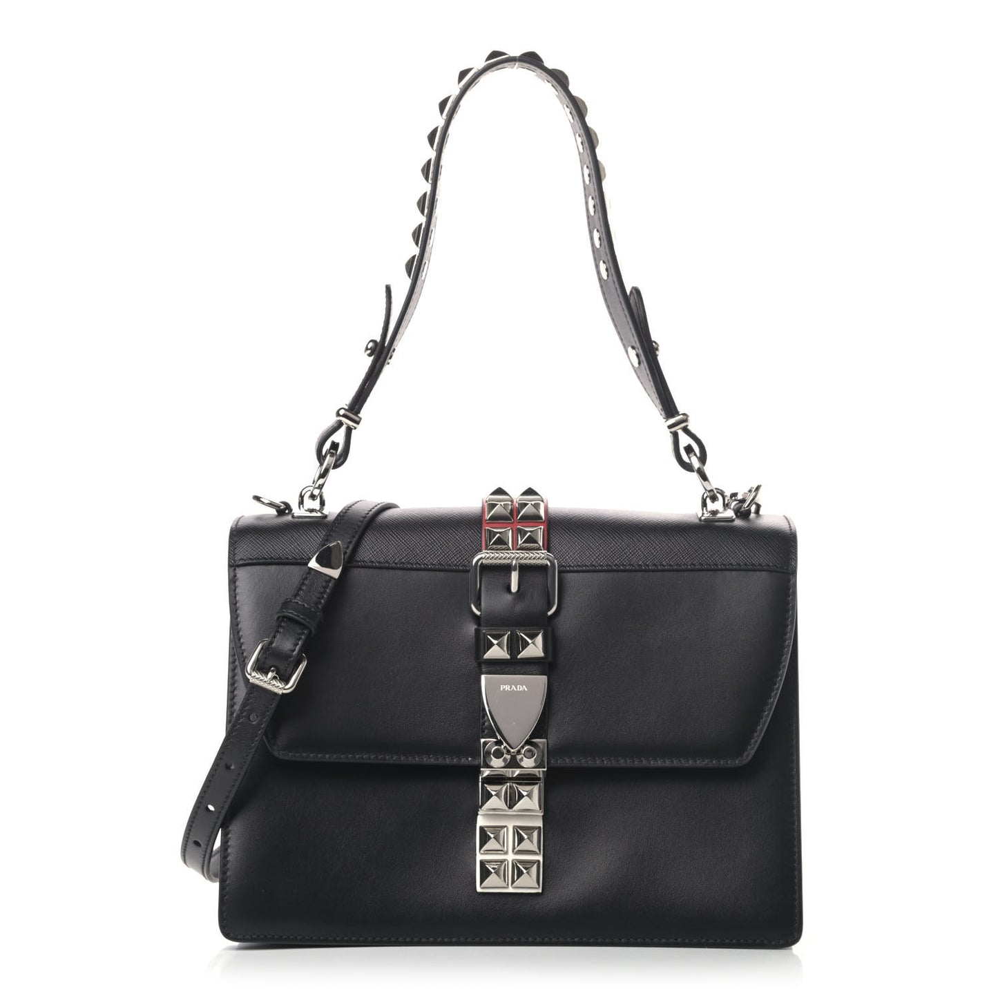 Saffiano City Calfskin Studded Elektra Shoulder Bag Black Fuoco