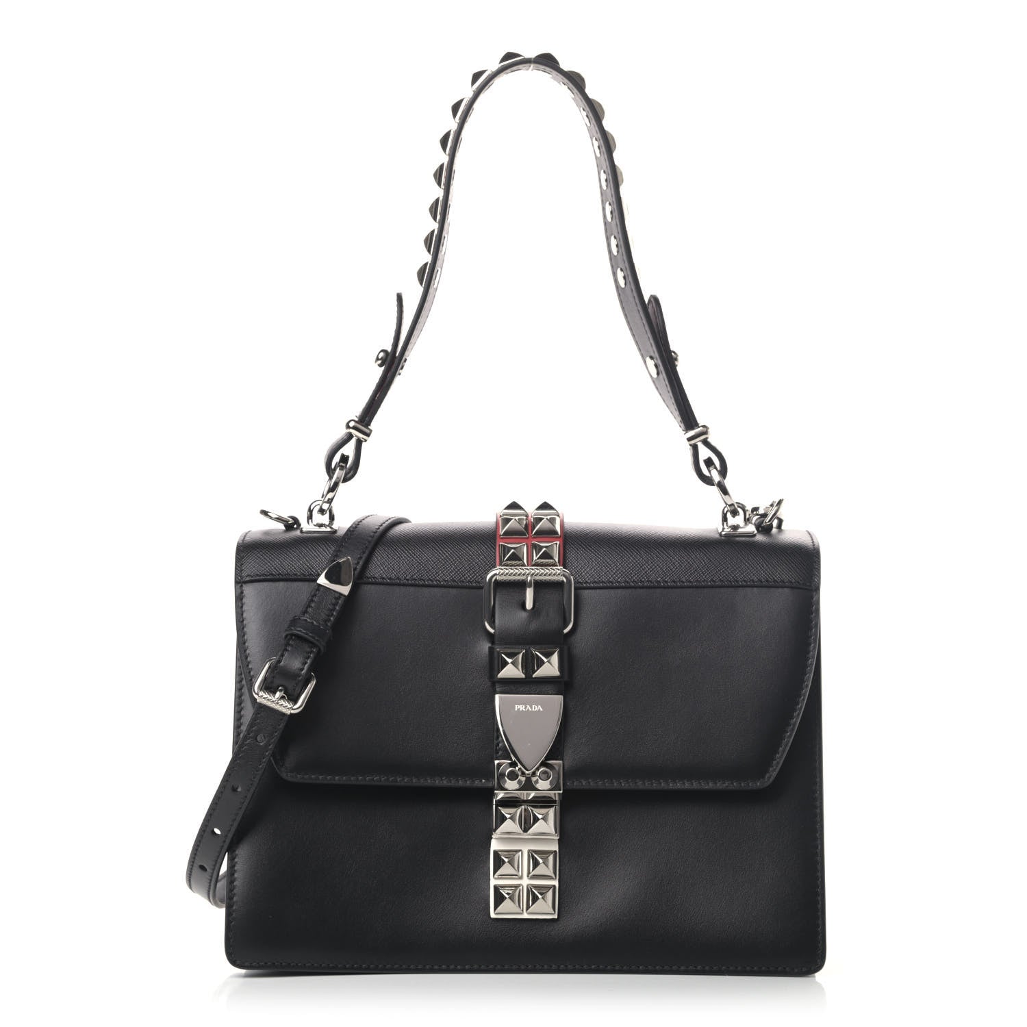 Prada Saffiano City Calfskin Studded Elektra Shoulder Bag Black Fuoco 1 of 4