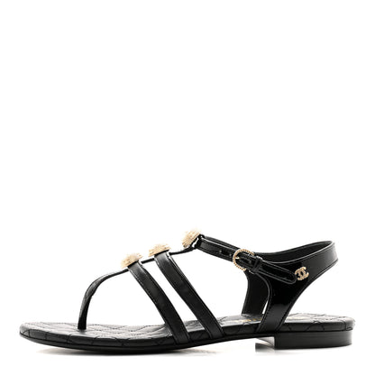 Chanel Lambskin Pearl Thong Sandals 36.5 Black 1 of 12