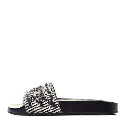 Chanel Tweed Lambskin Chain Flat Sandals 36 White Black 1 of 10