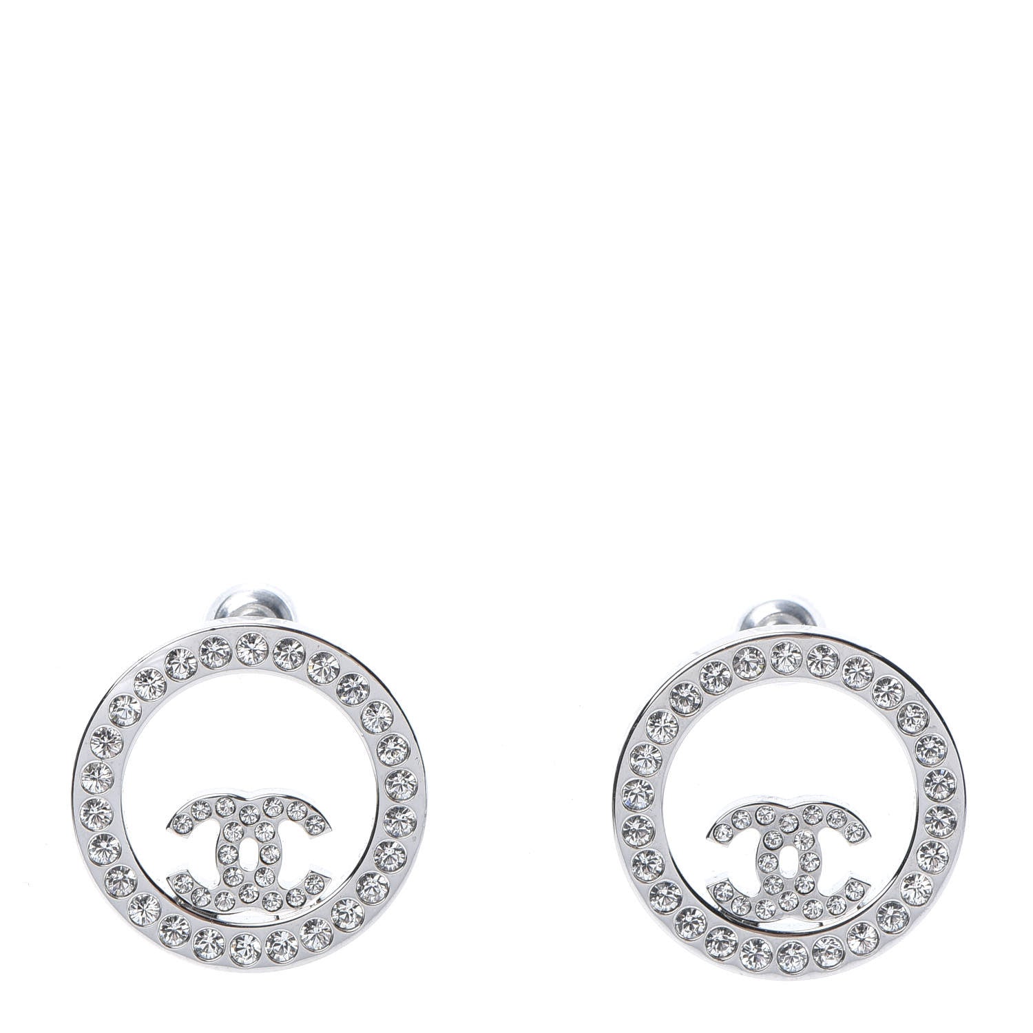 Chanel Crystal CC Round Earrings Silver 1 of 5