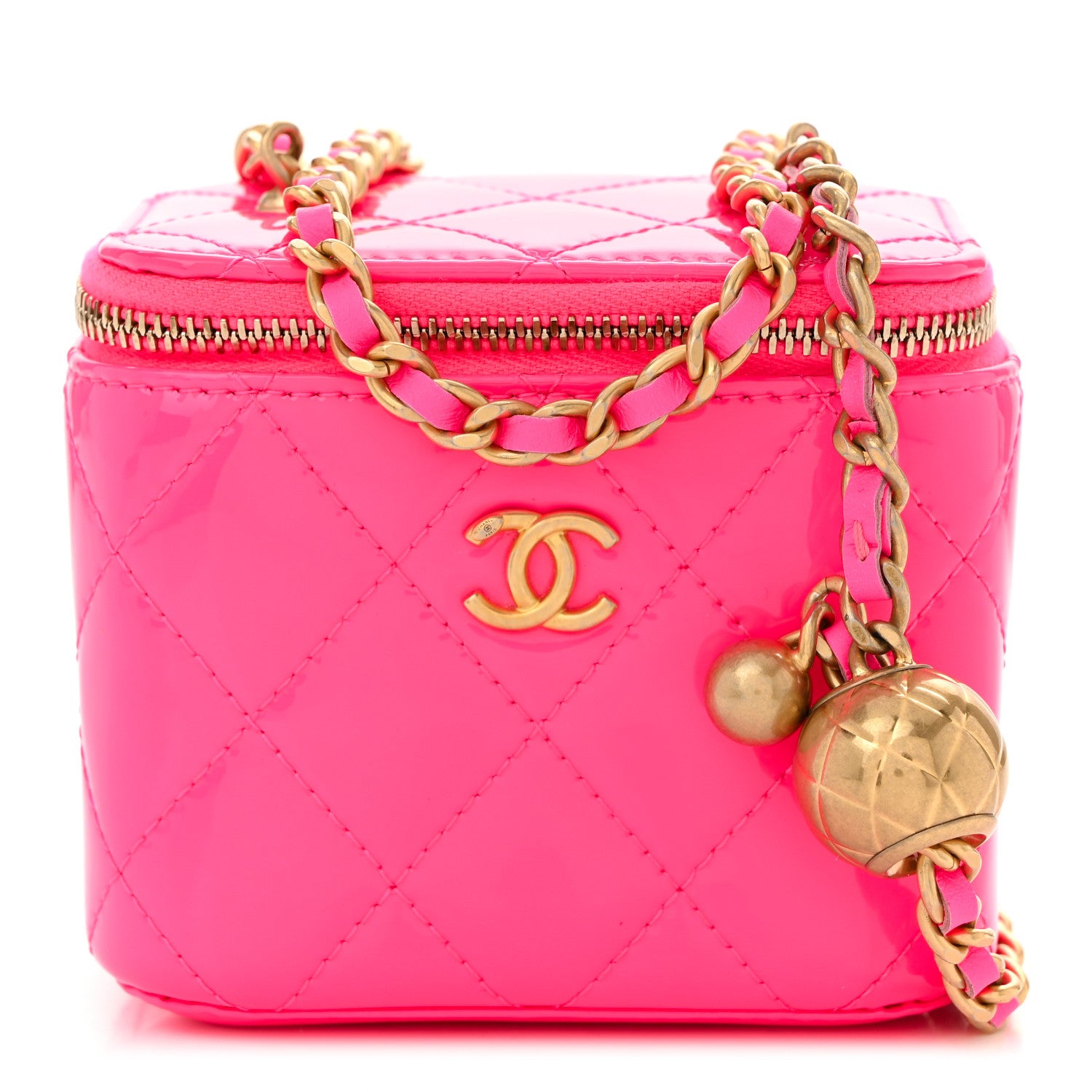 Chanel Patent Quilted Pearl Crush Mini Vanity Case With Chain Neon Pink 1 of 11