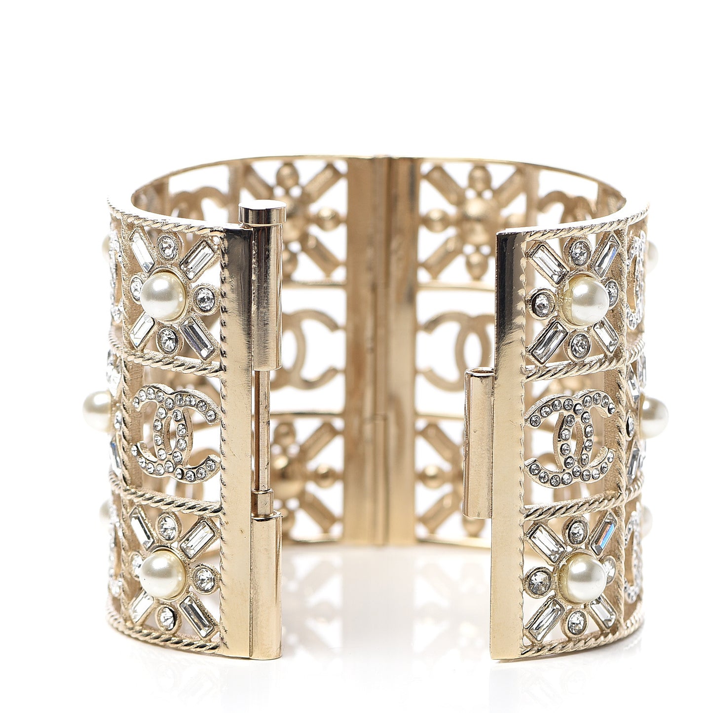 Crystal Pearl CC Cuff Bracelet Gold