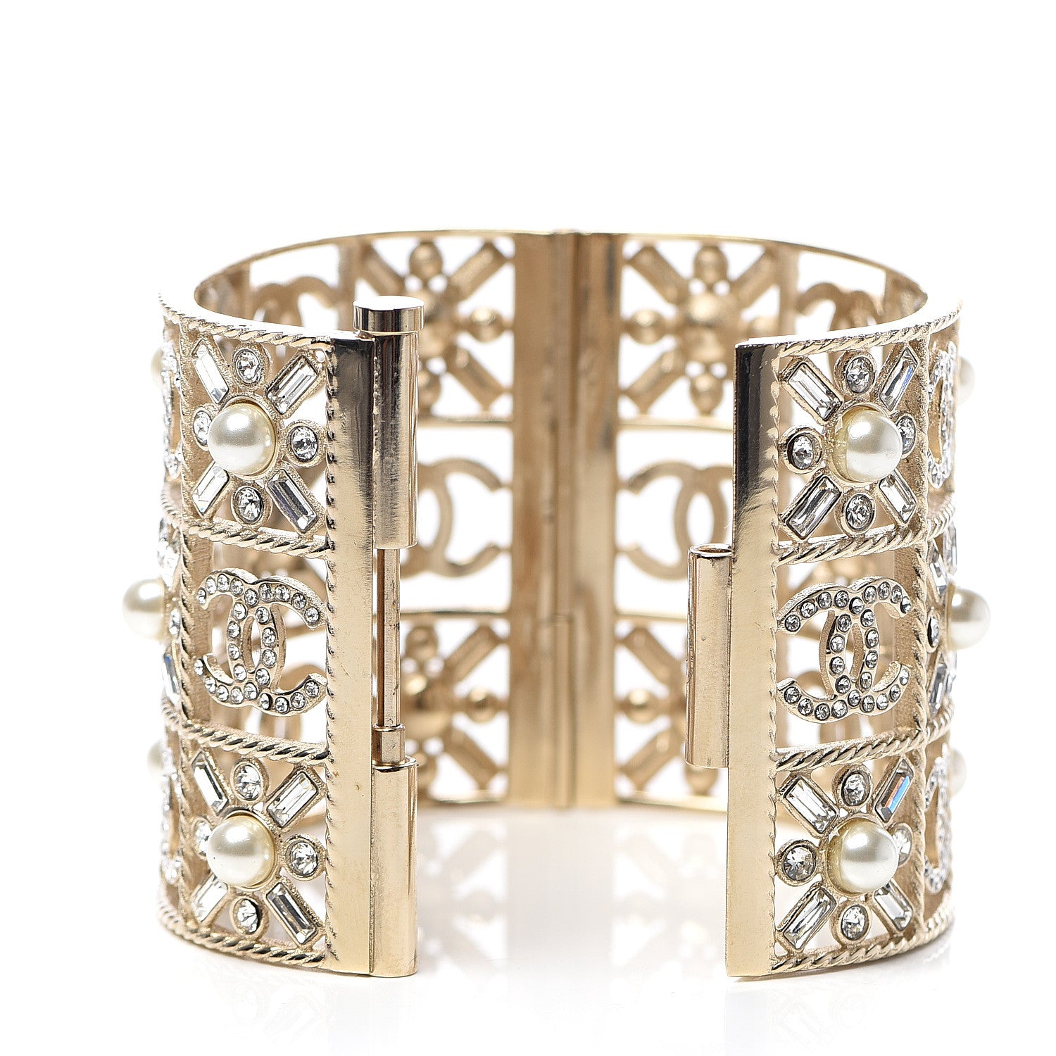 Chanel Crystal Pearl CC Cuff Bracelet Gold 3 of 5
