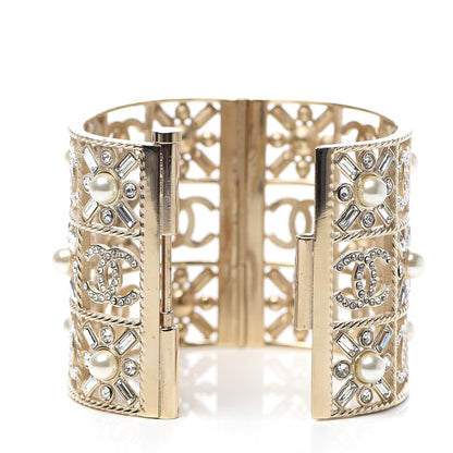 Chanel Crystal Pearl CC Cuff Bracelet Gold 3 of 5