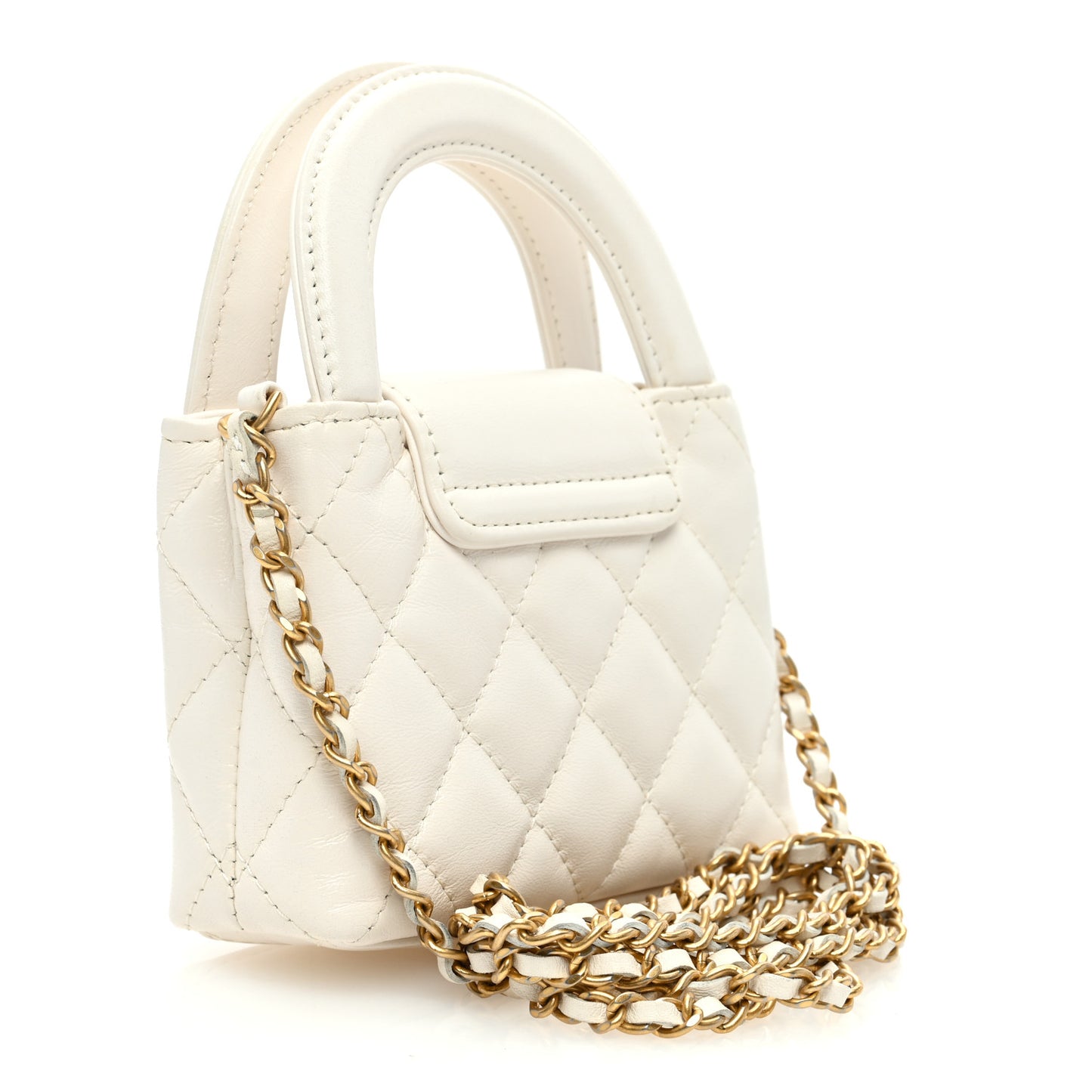Shiny Aged Calfskin Quilted Mini Nano Kelly Shopper White