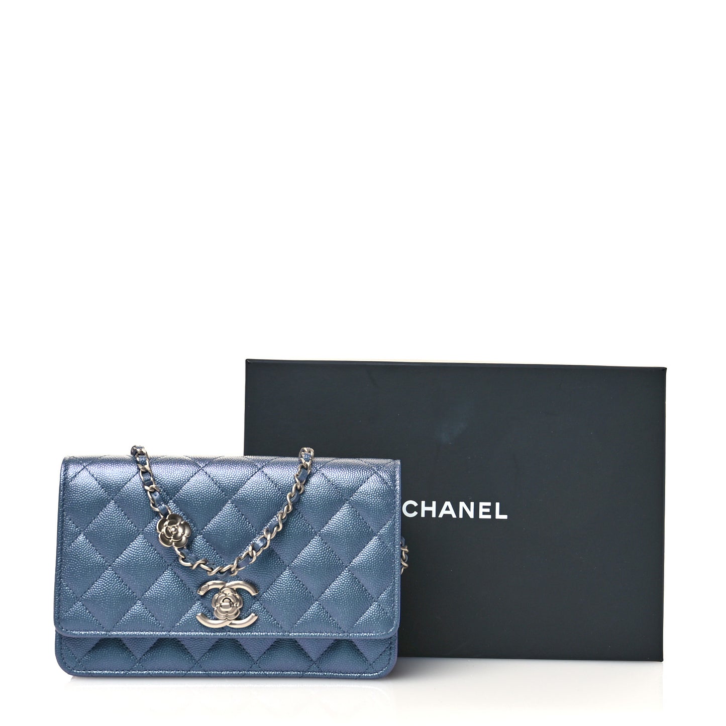 Iridescent Caviar Camellia Quilted Wallet on Chain WOC Dark Blue