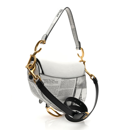 Christian Dior Calfskin Newspaper Printed Saddle Bag With Strap Black White 3 of 11