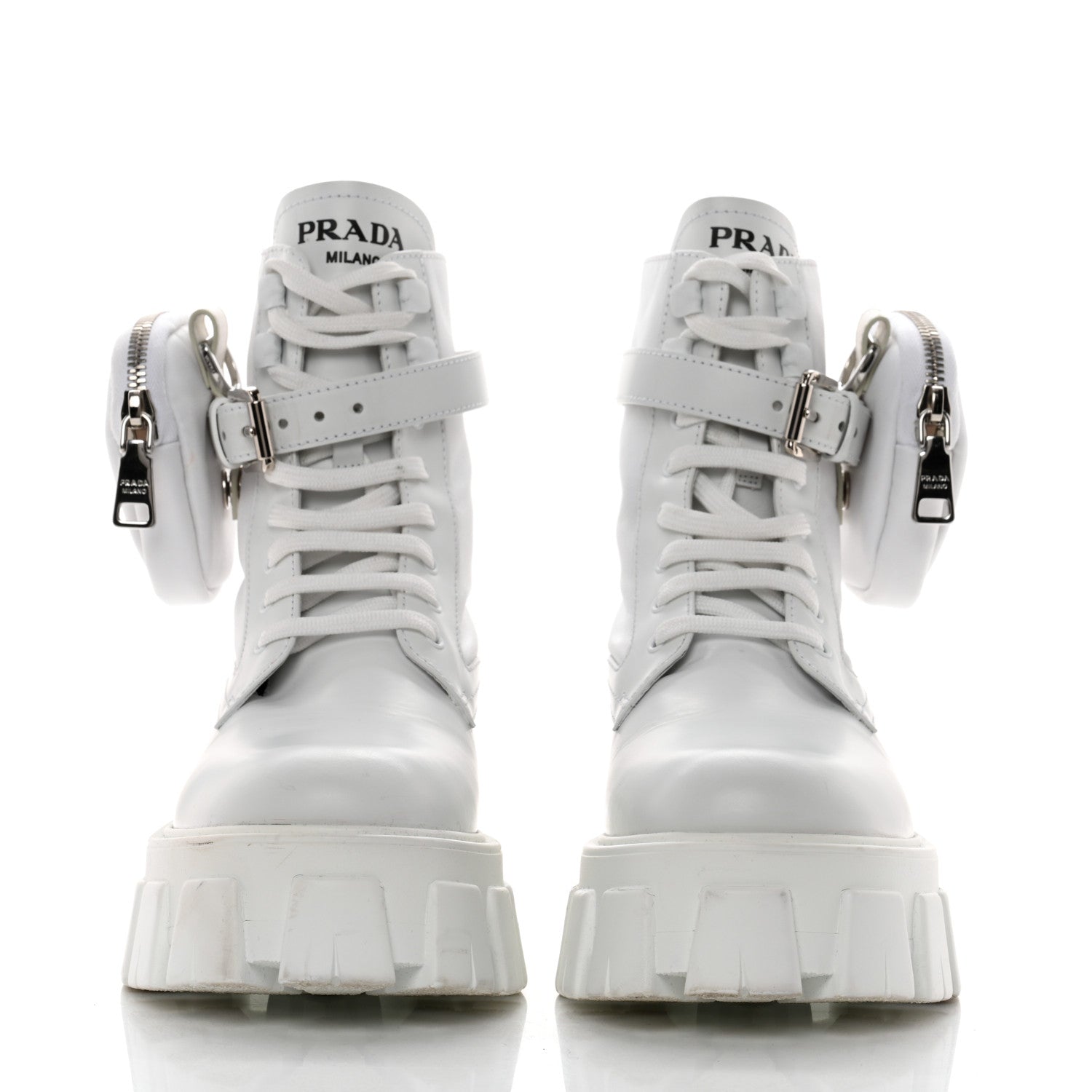 Prada Spazzolato Rois Re-Nylon Metal Triangle Logo Monolith Pouch Pocket 55mm Boots 37 White 2 of 11