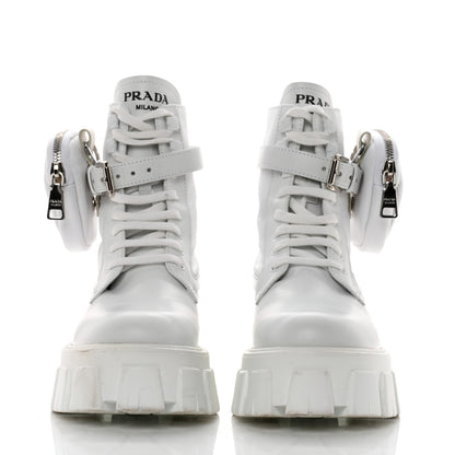 Prada Spazzolato Rois Re-Nylon Metal Triangle Logo Monolith Pouch Pocket 55mm Boots 37 White 2 of 11