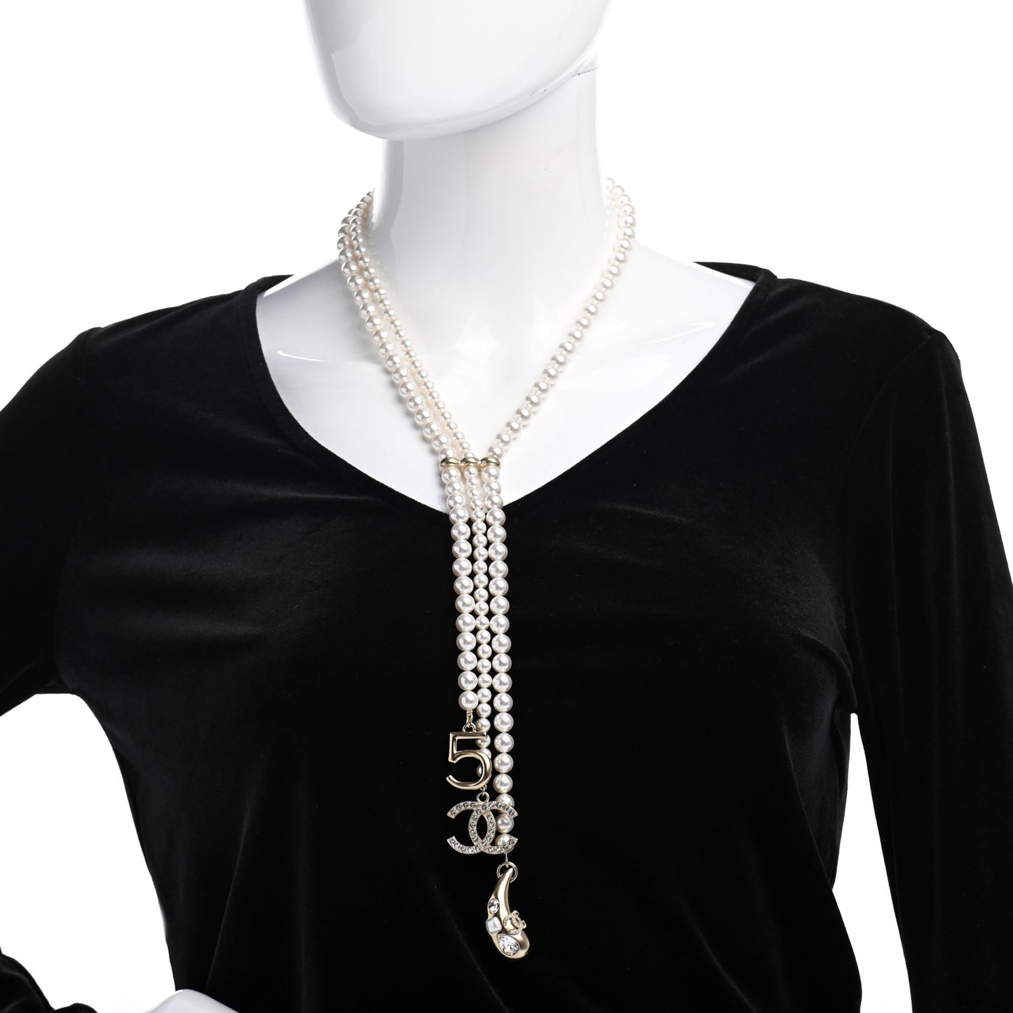 Pearl Beaded CC Charm Drop Multi Strand Lariat Necklace Pearly White Gold