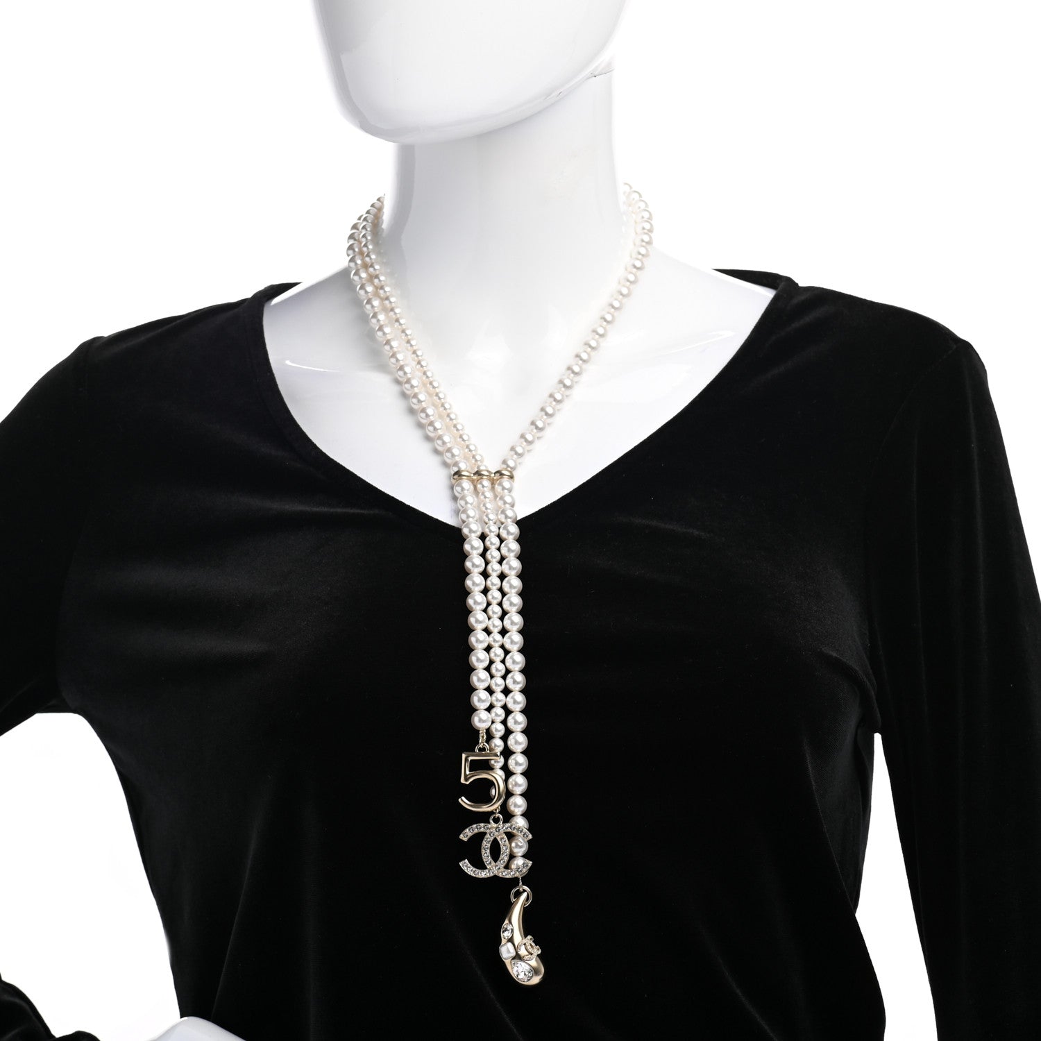 Chanel Pearl Beaded CC Charm Drop Multi Strand Lariat Necklace Pearly White Gold 2 of 7