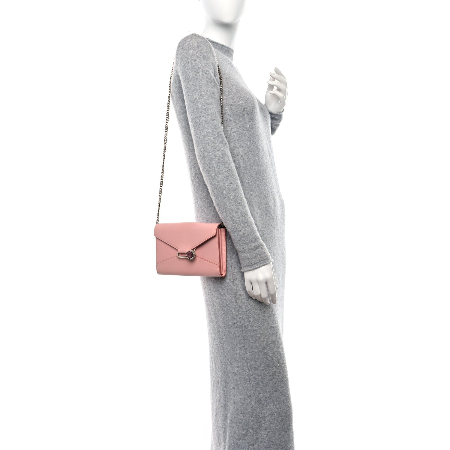 Alexander McQueen Calfskin Crystal Pin Envelope Wallet On Chain Pink 2 of 8