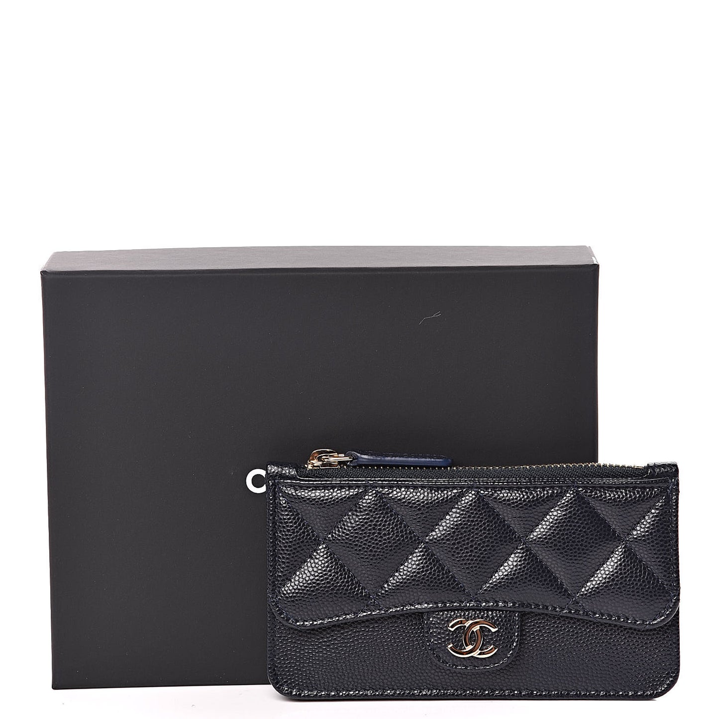 Caviar Quilted Flap Zip Card Holder Navy Blue