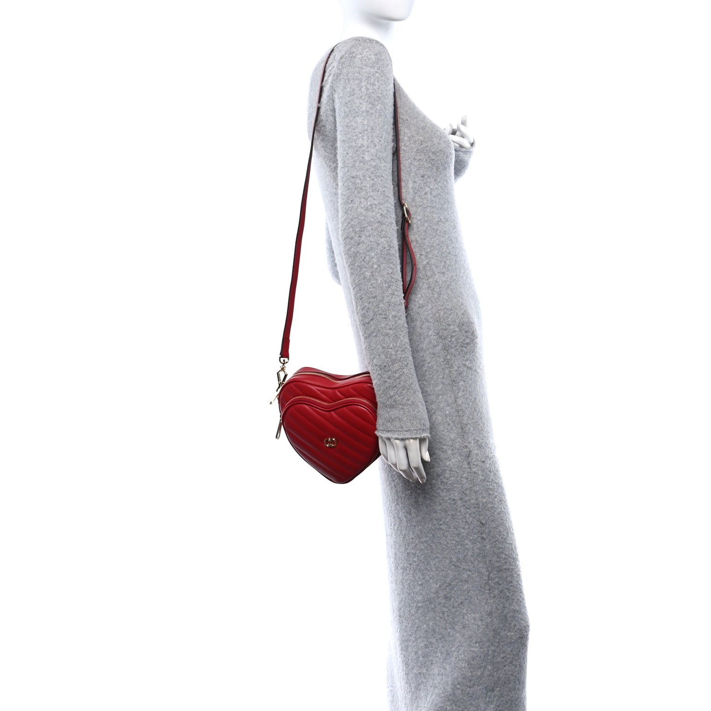 Calfskin Matelasse Diagonal Mini Interlocking G Heart Shoulder Bag Hibiscus Red