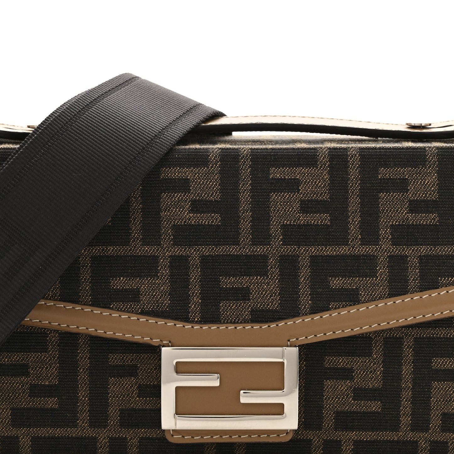 Recycled Fabric Jacquard Vitello King FF 1974 Baguette Soft Trunk Phone Pouch Tobacco Moro Sand