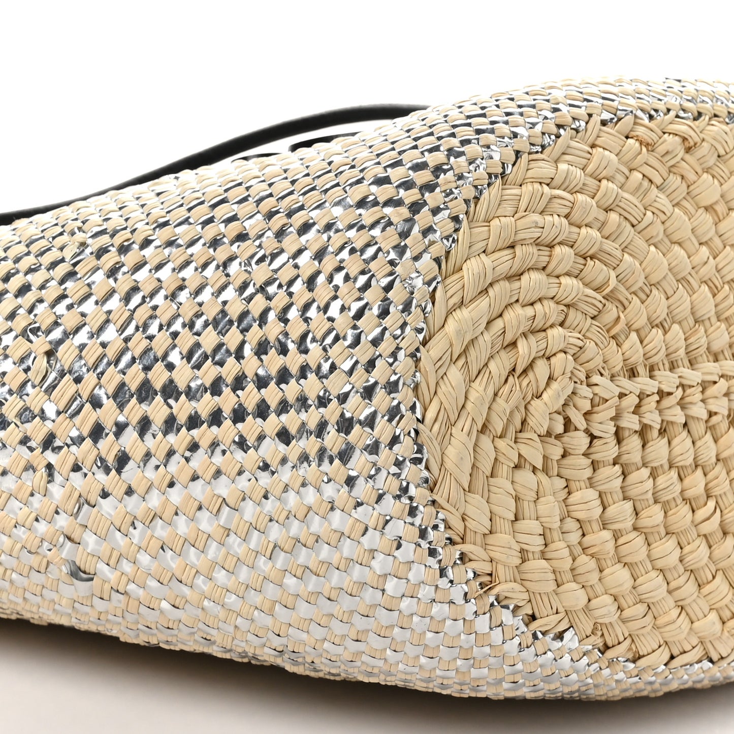 Calfskin Raffia Paulas Ibiza Sparkling Metallic Anagram Basket Tote Bag Natural Silver