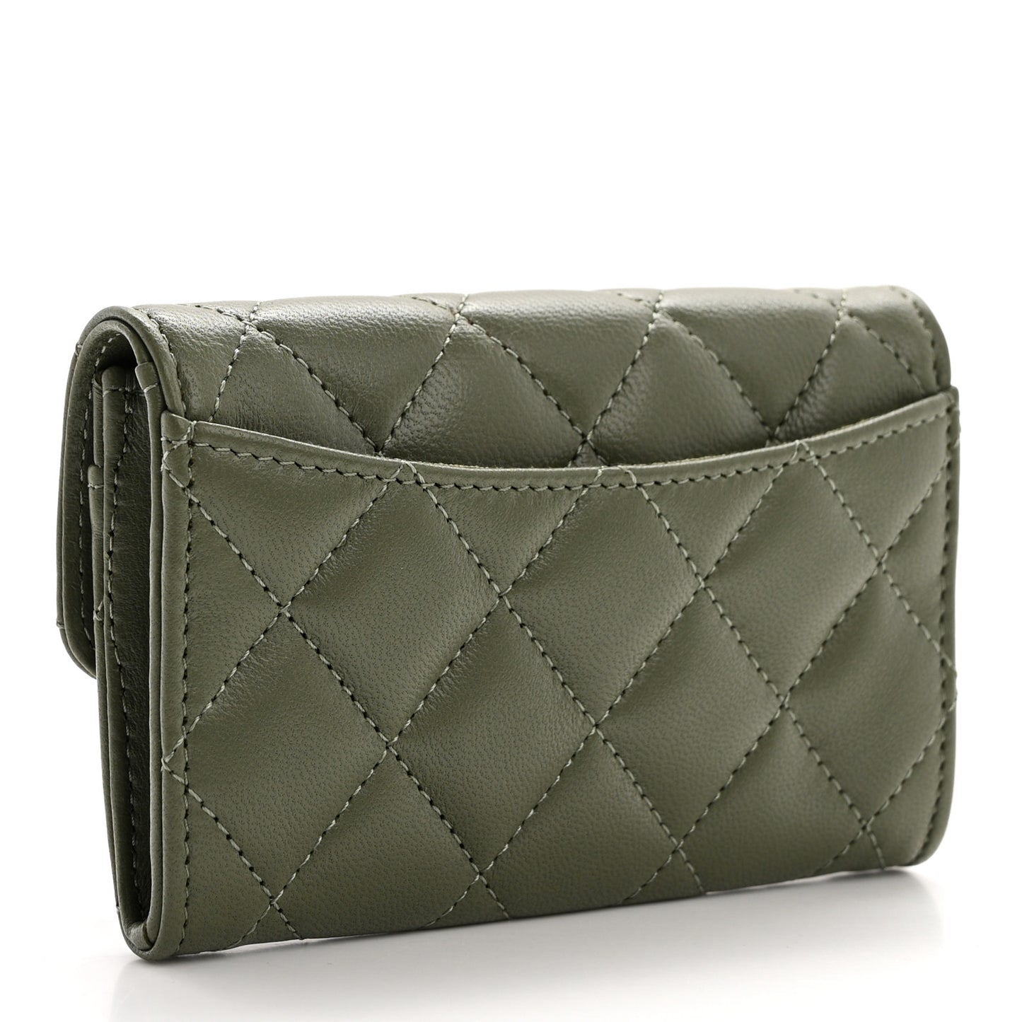 Lambskin Quilted Flap Card Holder Wallet Khaki