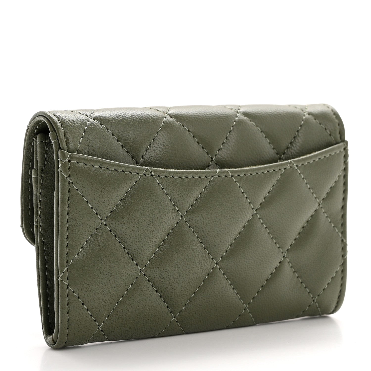 Chanel Lambskin Quilted Flap Card Holder Wallet Khaki 3 of 9