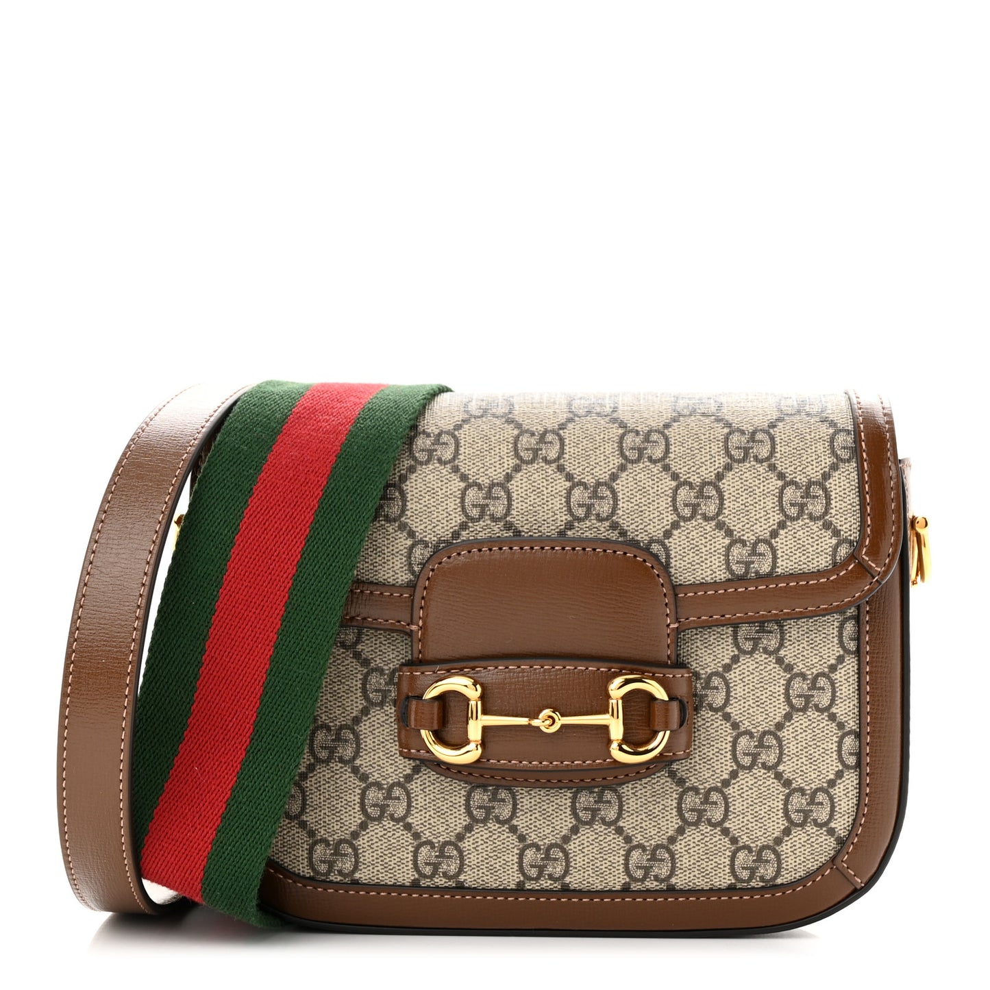 GG Supreme Monogram Azalea Calfskin Web Mini Horsebit 1955 Shoulder Bag Beige Ebony Brown Sugar