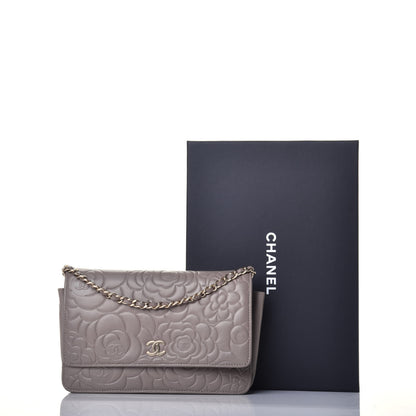 Chanel Lambskin Camellia Embossed Wallet On Chain WOC Beige 9 of 9