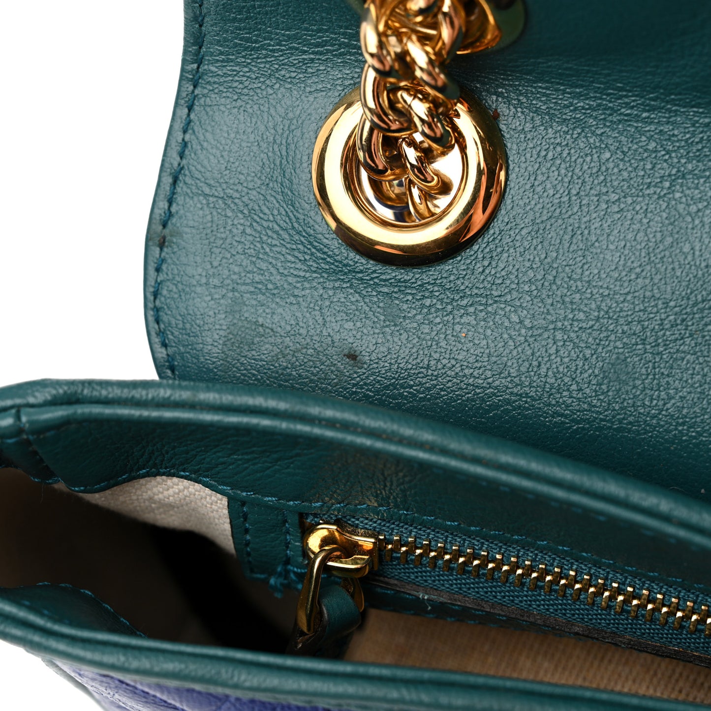 Azalea Calfskin Enamel Matelasse Diagonal Small Torchon GG Marmont Shoulder Bag Imperial Blue Pavone
