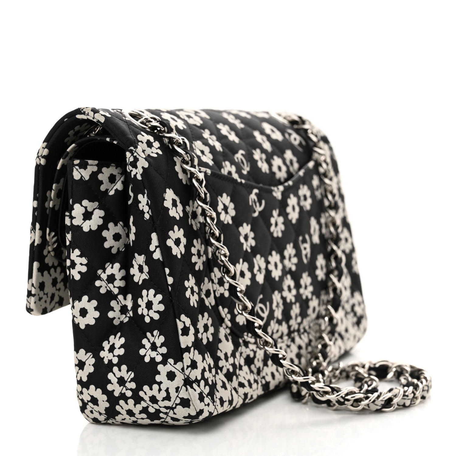 Chanel Canvas Floral Printed Quilted Medium Double Flap Black White 3 of 11