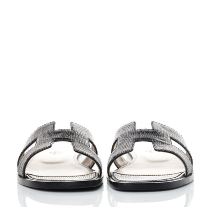 Hermes Lizard Oran Sandals 37 Black 2 of 10