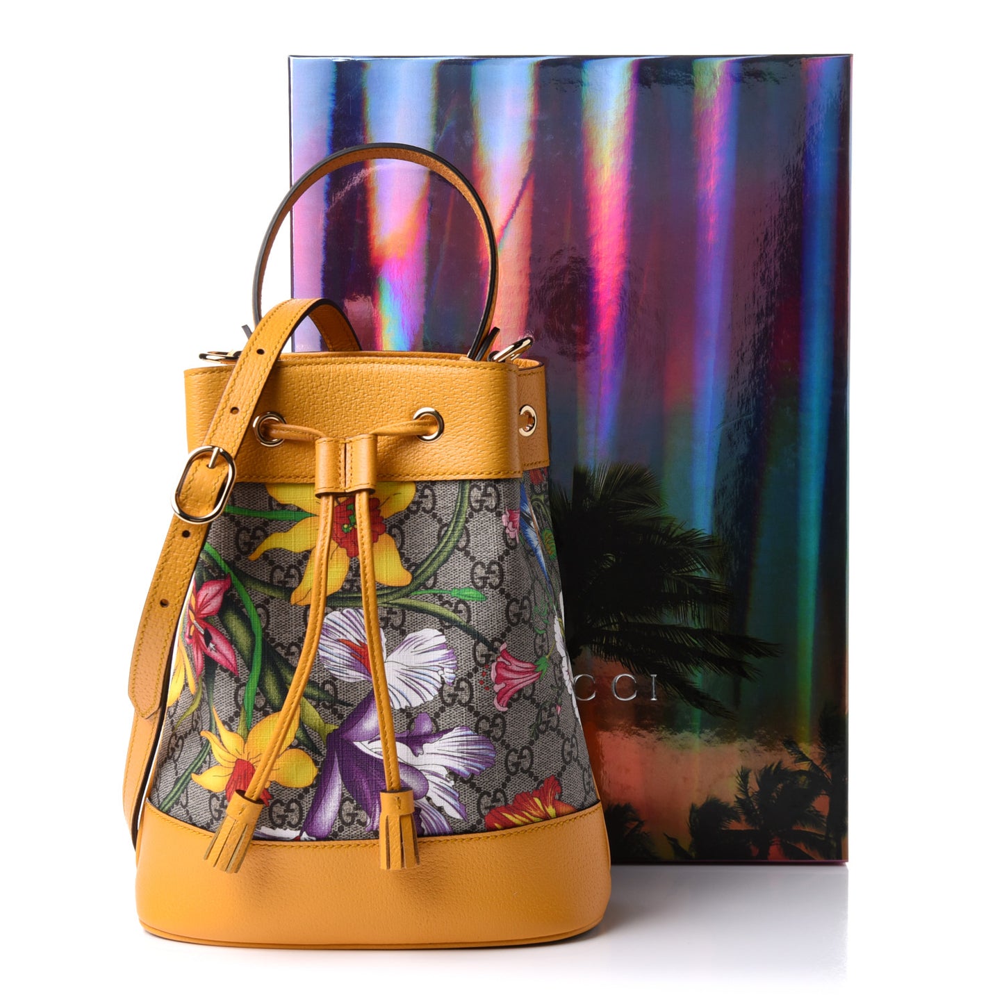 GG Supreme Monogram Flora Small Ophidia Bucket Bag Beige Multicolor Crop