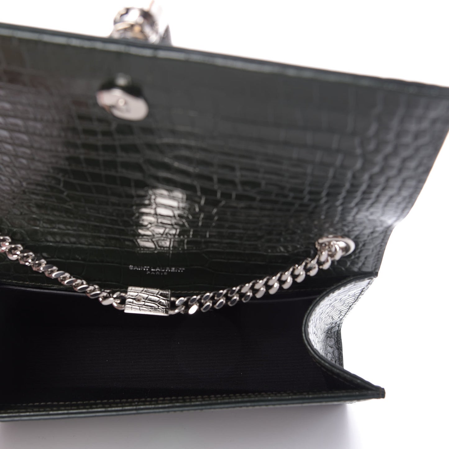 Calfskin Crocodile Embossed Small Classic Monogram Kate Tassel Satchel Dark Green