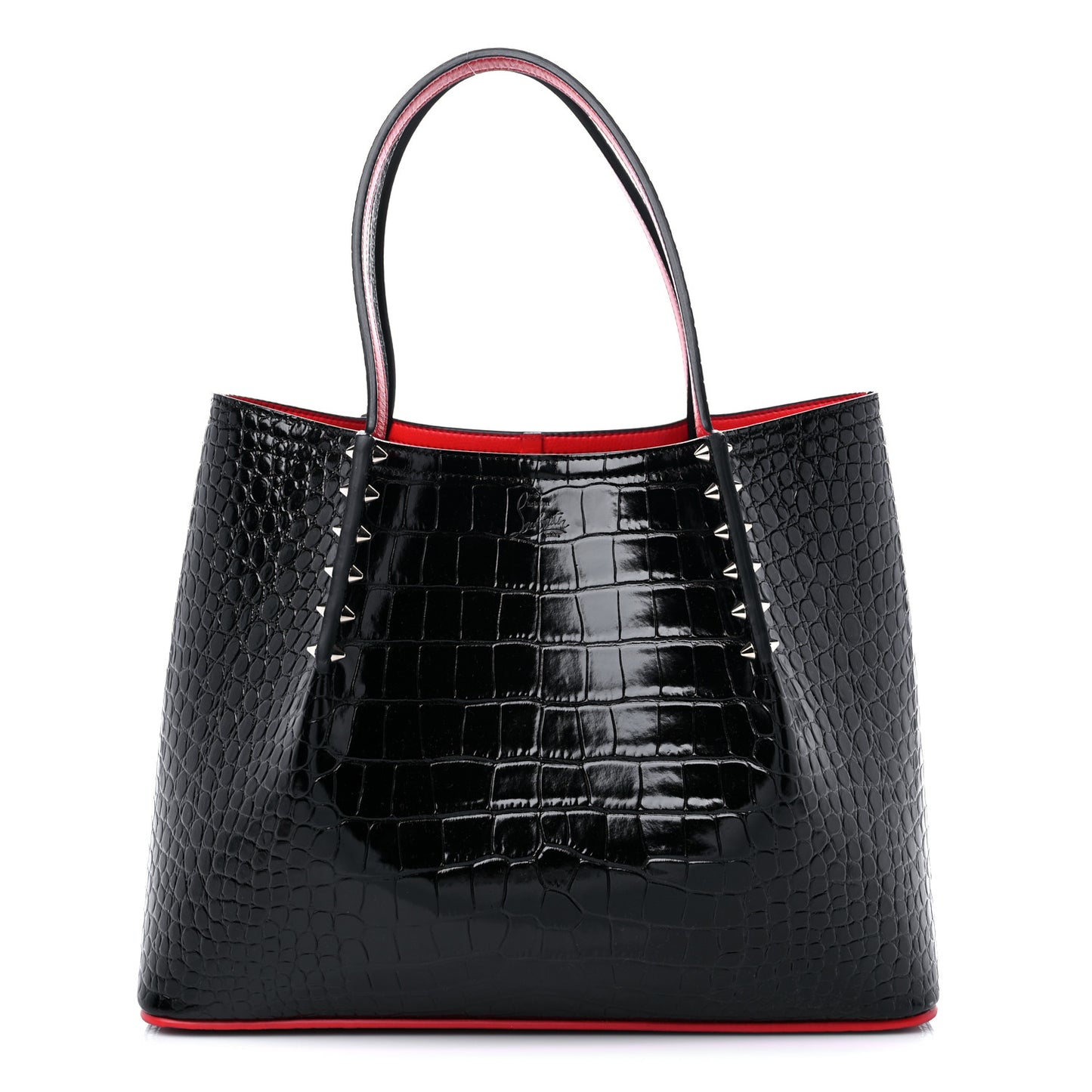 Crocodile Embossed Calfskin Spiked Small Cabarock Shopper Tote Black