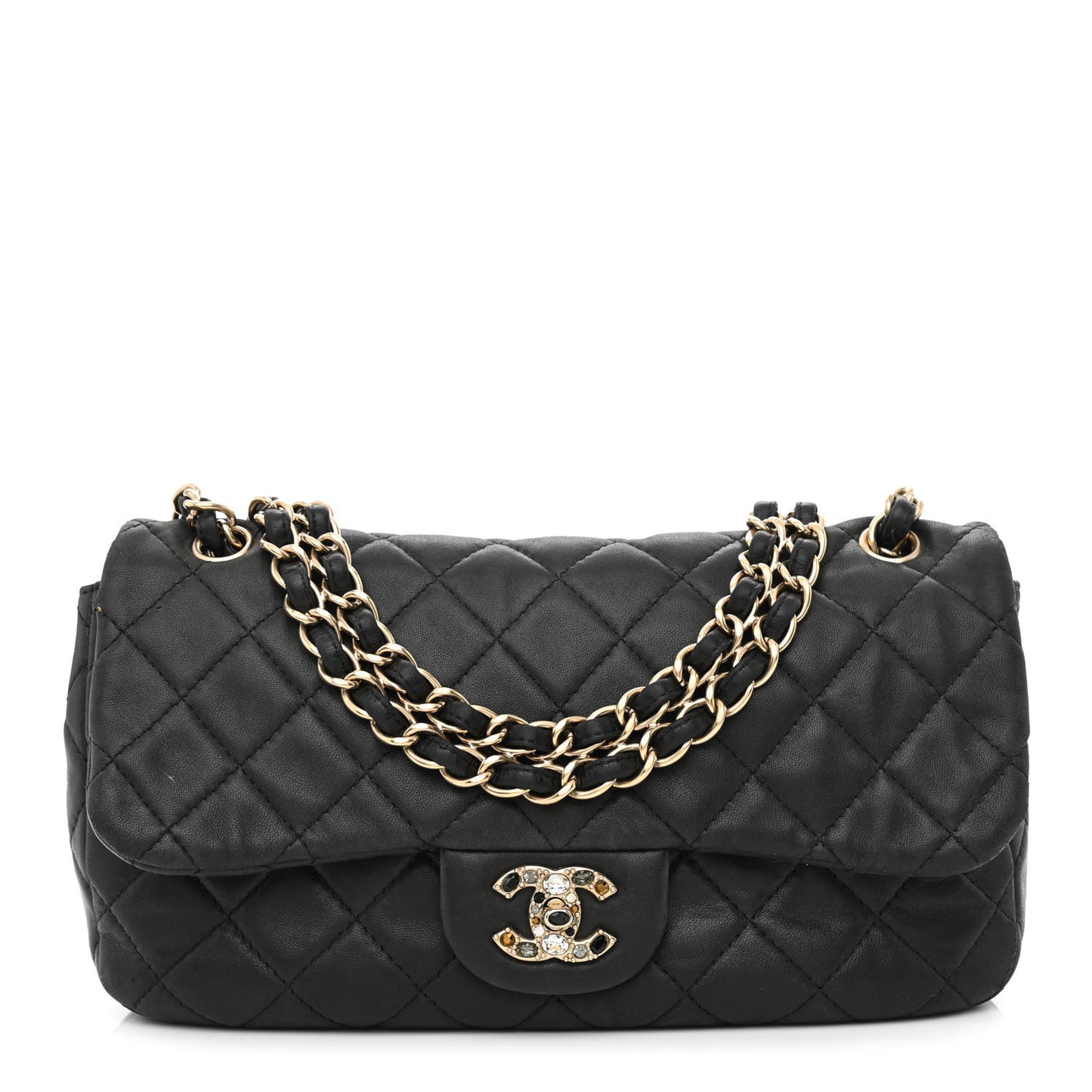Lambskin Quilted Medium Precious Jewel Single Flap Black