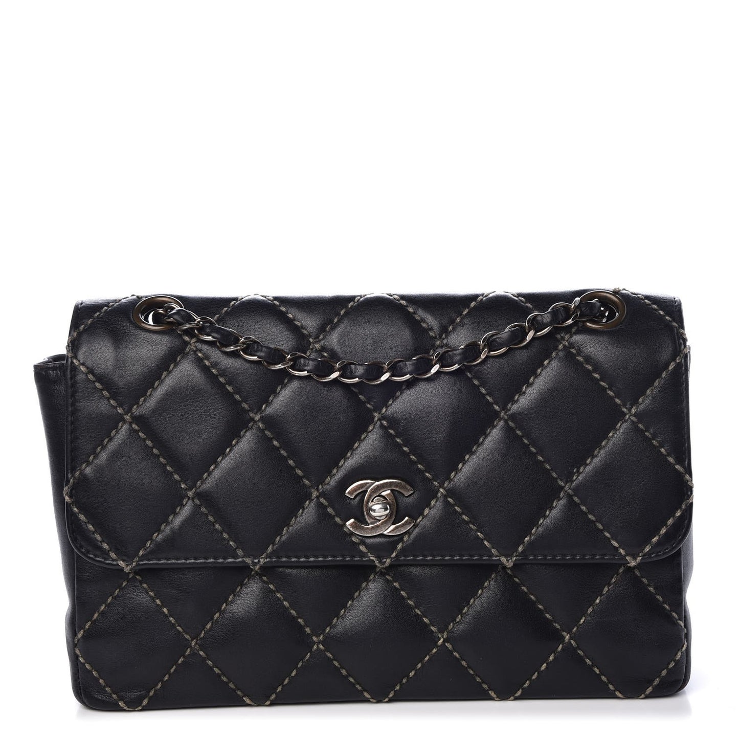 Calfskin Quilted Contrast Stitch Medium Flap Black