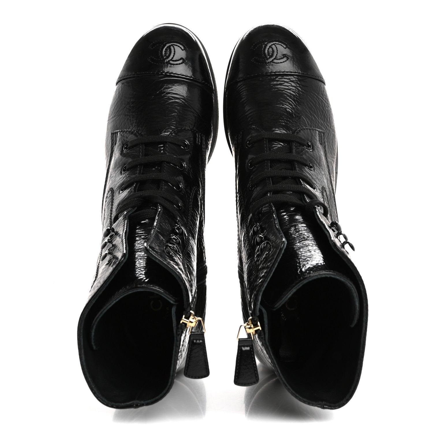Chanel Shiny Crumpled Lambskin Lace Up Combat Boots 42 Black 2 of 10