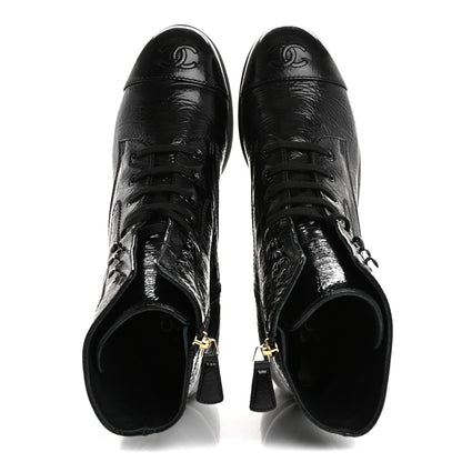 Chanel Shiny Crumpled Lambskin Lace Up Combat Boots 42 Black 2 of 10