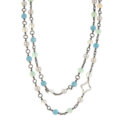 David Yurman Sterling Silver Pearl Aquamarine Chalcedony 14mm Quatrefoil Necklace 1 of 5