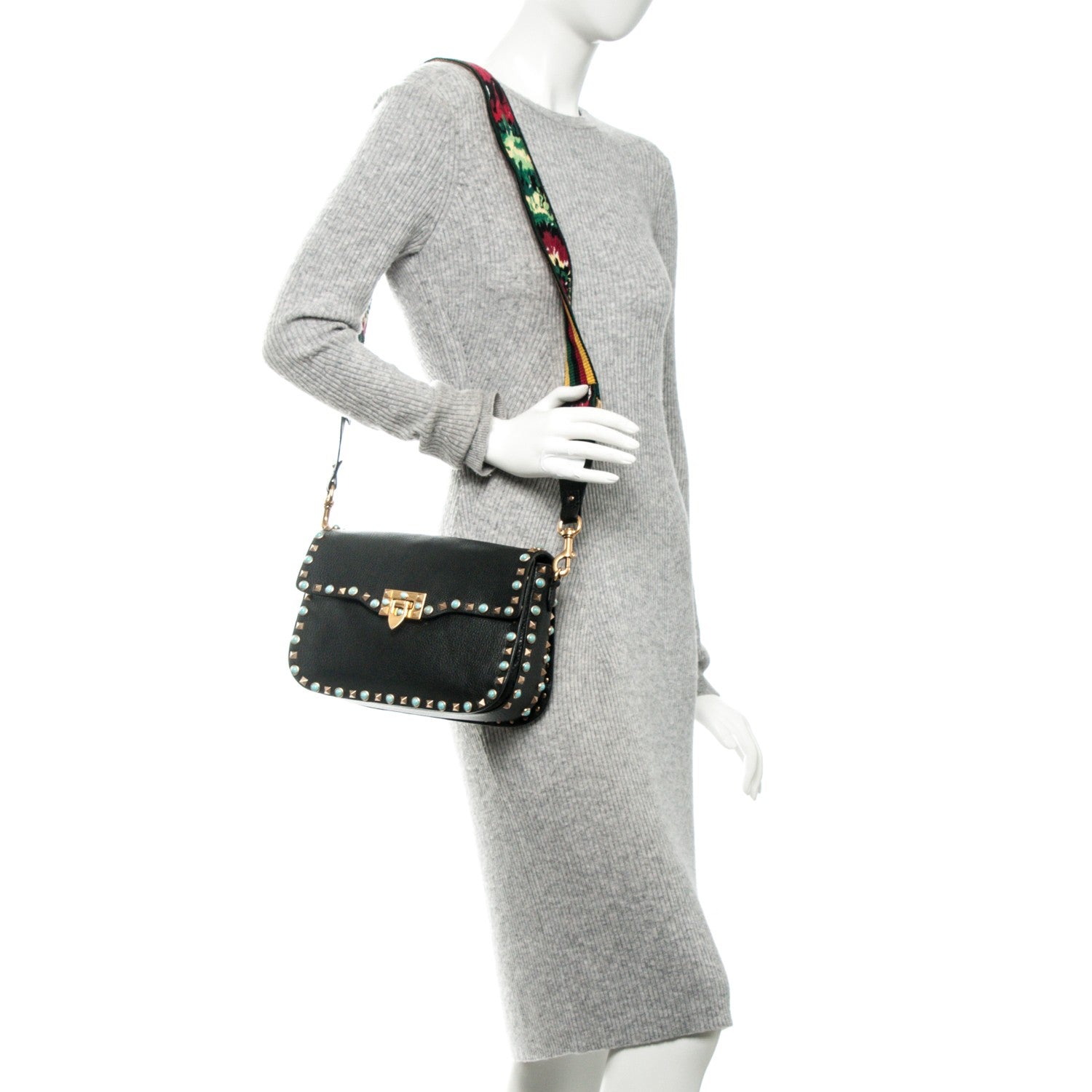 Valentino Garavani Pebbled Calfskin Turquoise Medium Guitar Strap Rockstud Rolling Flap Saddle Bag Black 2 of 7