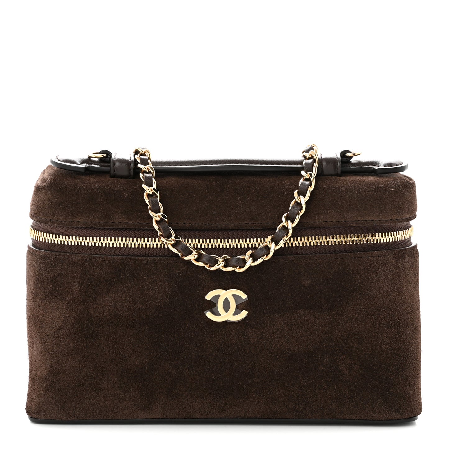 Suede Calfskin Top Handle Trapeze Small Vanity Case With Chain Dark Brown
