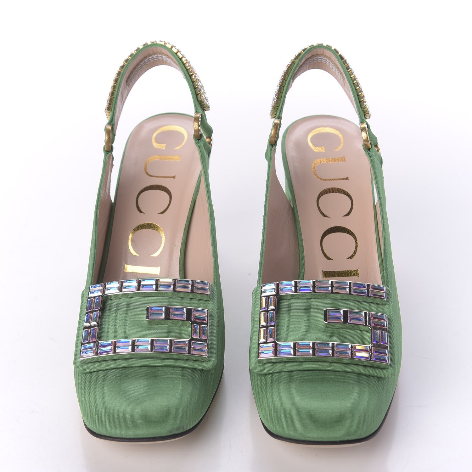 Gucci Moire Fabric Crystal Square G Madelyn Slingbacks 35 New Shamarock 2 of 9